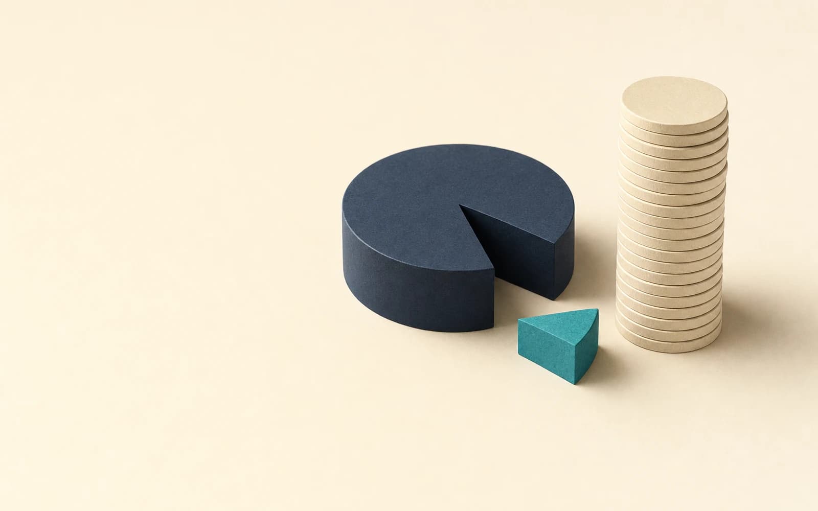 Techstars review: a navy wheel with one thin teal wedge cut out and set beside it, next to a tall stack of cream coins that the slice paid for