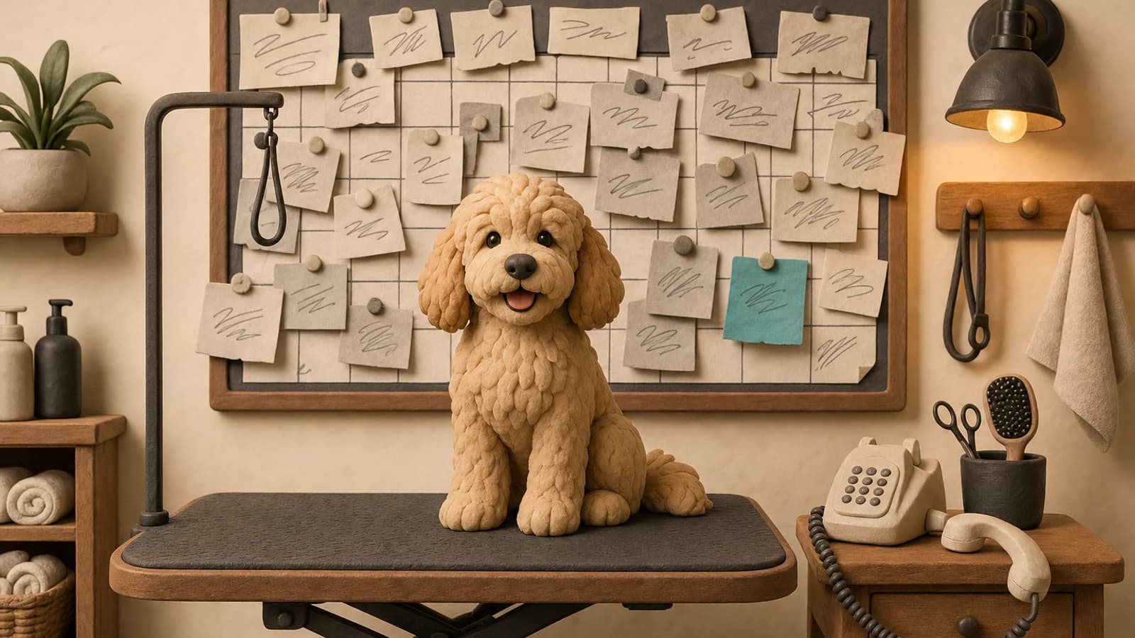 Independent pet groomer managing appointments and records on a paper calendar
