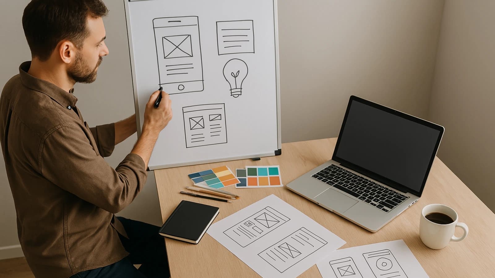 Designer sketching mobile app wireframes on a whiteboard while defining the job the product should do
