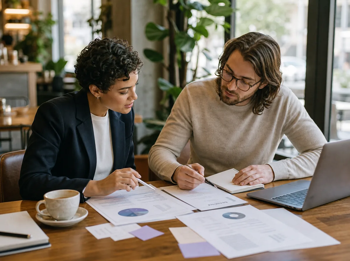 Two founders at a cafe table comparing pre-seed term sheets and cap table sketches