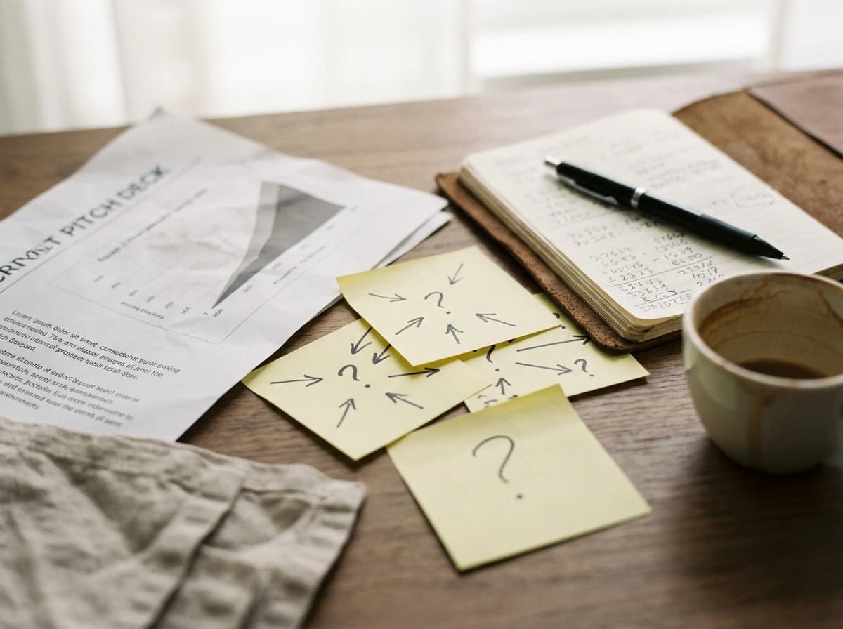 Close-up of a desk with a printed pitch deck, sticky notes, and founder fundraising materials