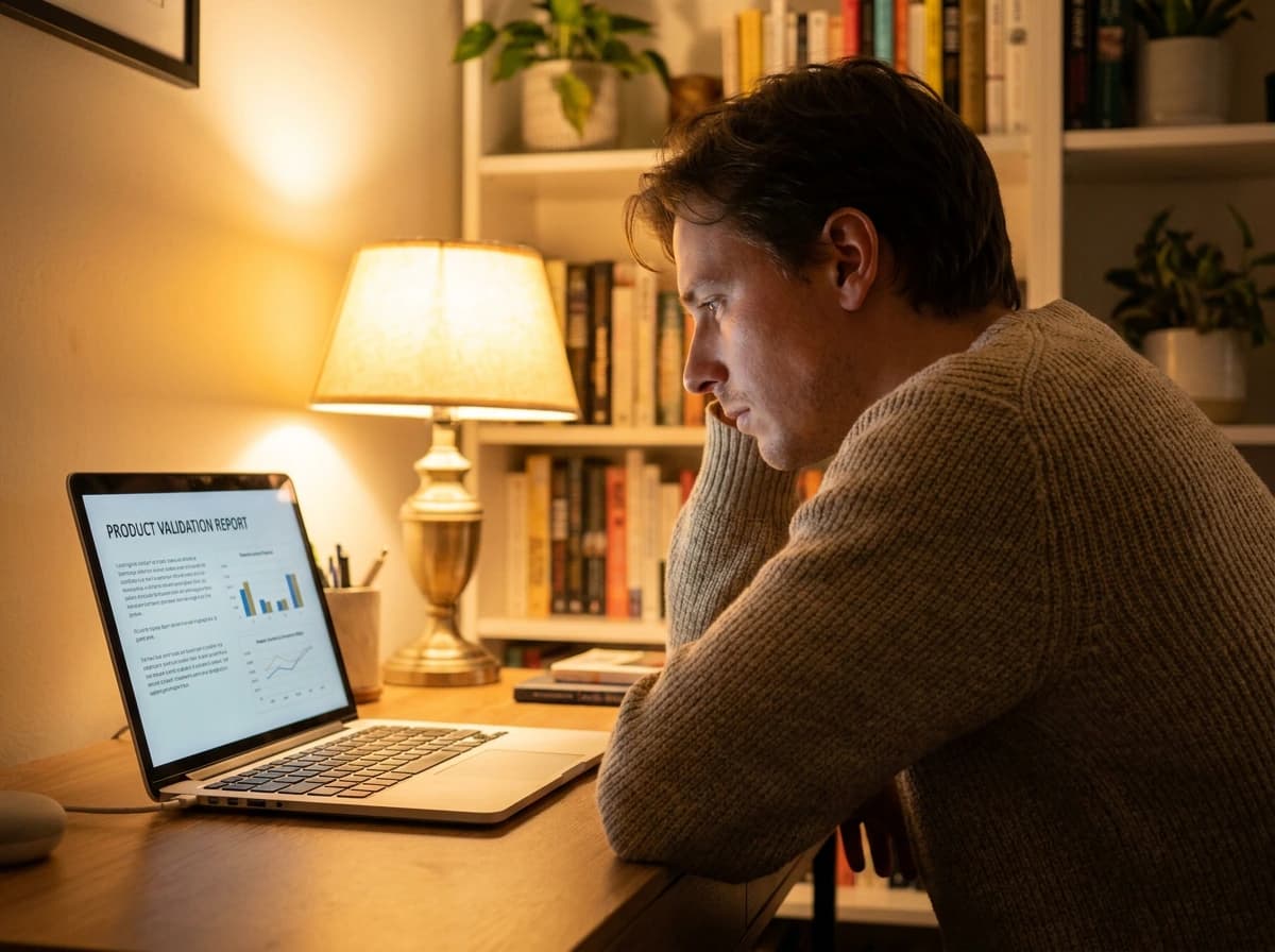 Founder reviewing a pre-seed funding validation report on a laptop at a home office desk