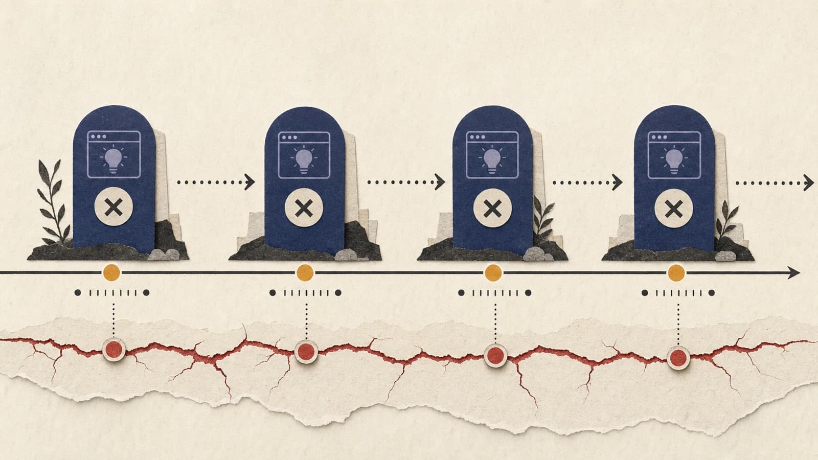 Pattern showing zombie startup ideas recurring across multiple startup cycles
